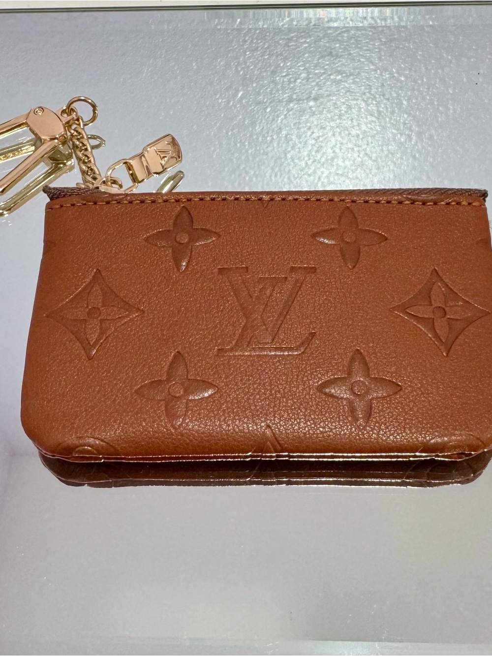 New Embossed Monogram Key Pouch with Gold Hardware